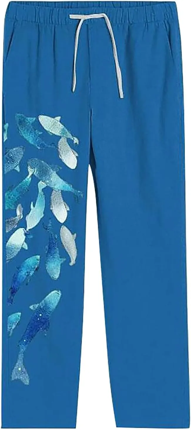 Linen Pants for Men Summer Beach Fashion Trousers with Pockets Casual Lightweight Drawstring Print Wide Leg Pants
