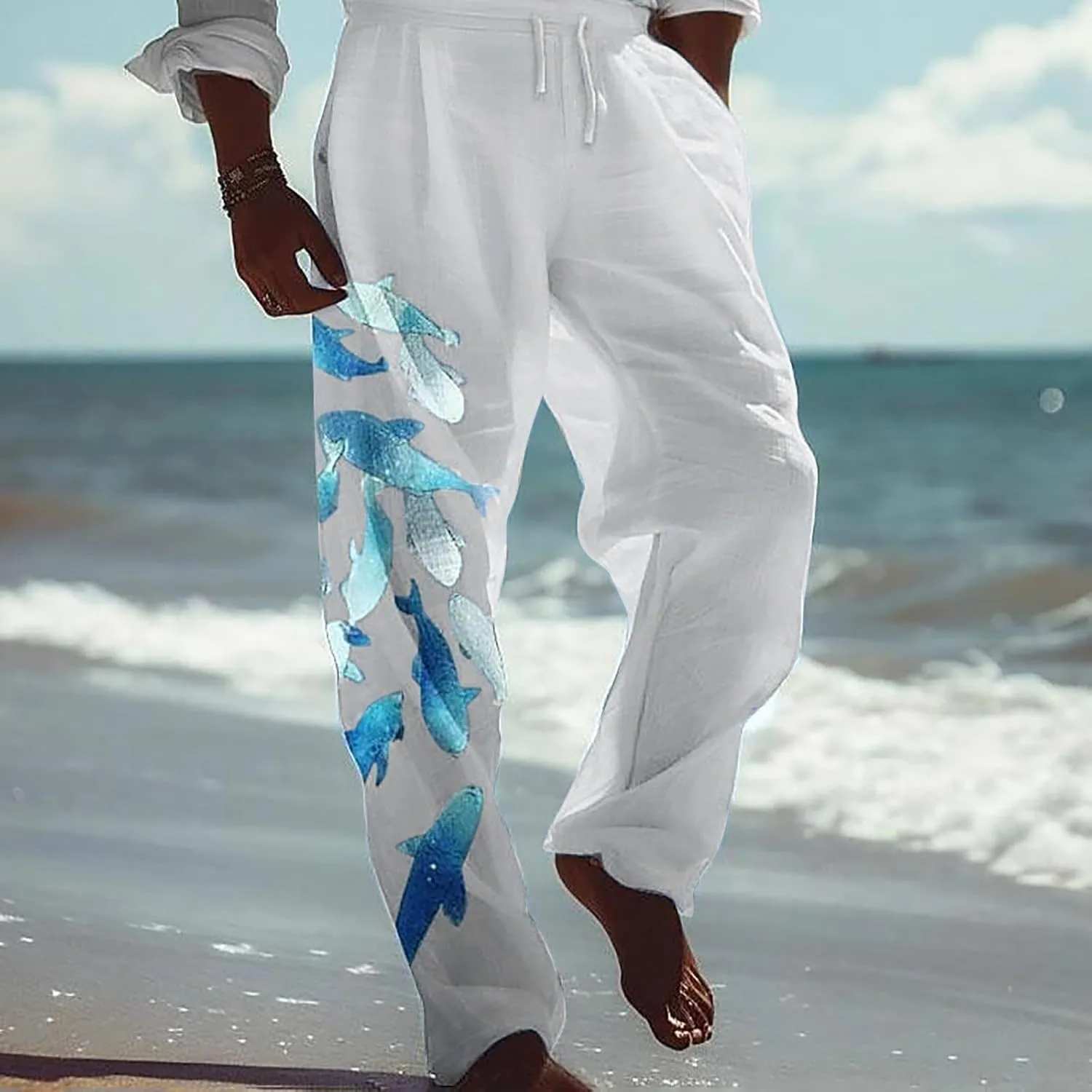 Linen Pants for Men Summer Beach Fashion Trousers with Pockets Casual Lightweight Drawstring Print Wide Leg Pants