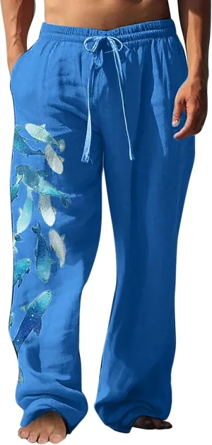 Linen Pants for Men Summer Beach Fashion Trousers with Pockets Casual Lightweight Drawstring Print Wide Leg Pants
