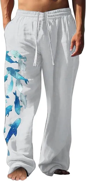 Linen Pants for Men Summer Beach Fashion Trousers with Pockets Casual Lightweight Drawstring Print Wide Leg Pants