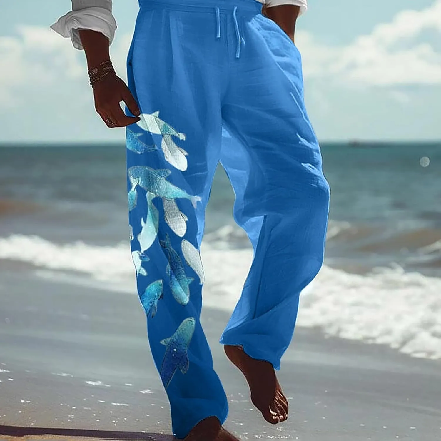 Linen Pants for Men Summer Beach Fashion Trousers with Pockets Casual Lightweight Drawstring Print Wide Leg Pants