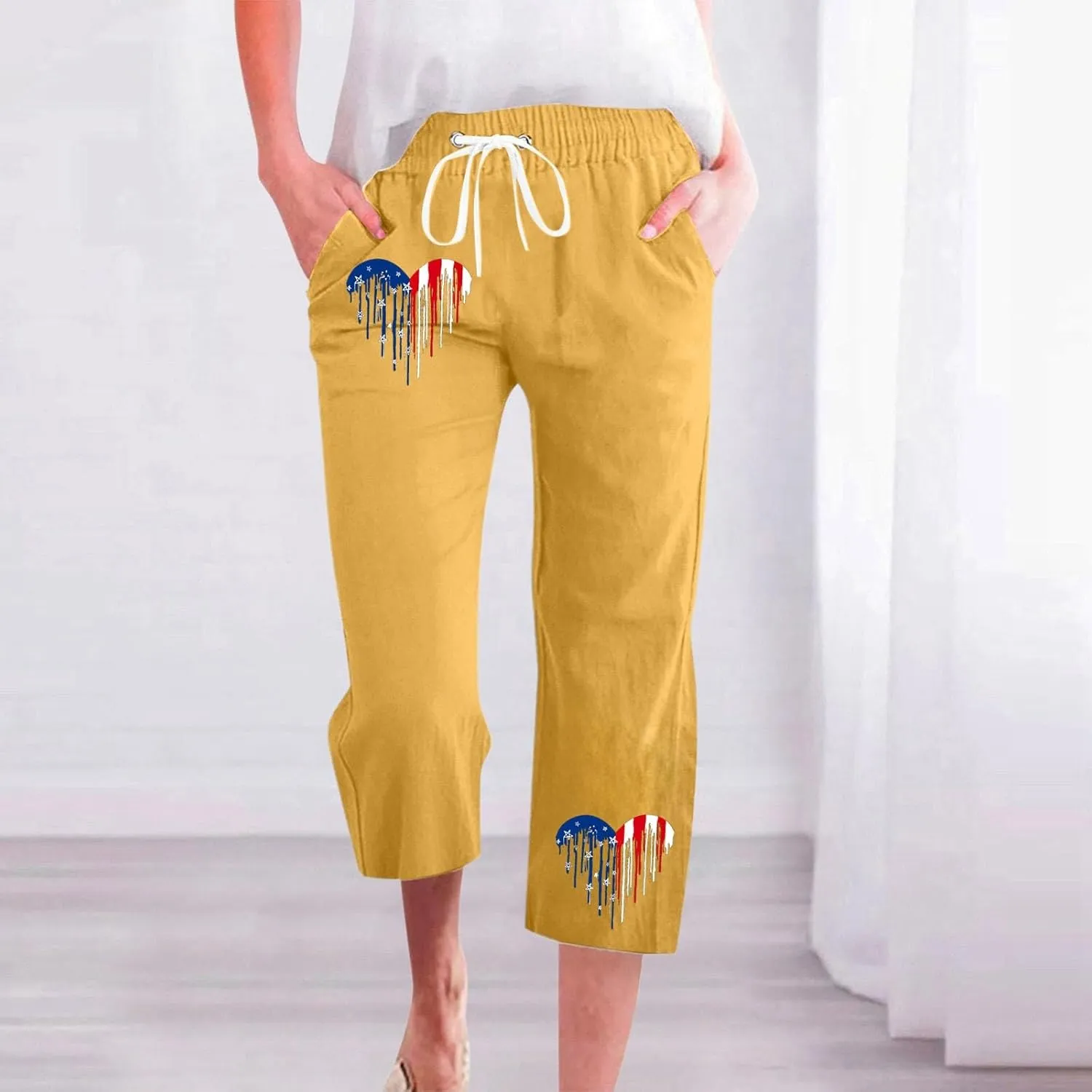 Linen Pants for Women 2025 Drawstring Elastic Waist Straight Leg Capris Beach Pants Patriotic Lounge Trousers