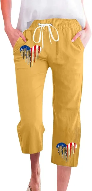 Linen Pants for Women 2025 Drawstring Elastic Waist Straight Leg Capris Beach Pants Patriotic Lounge Trousers