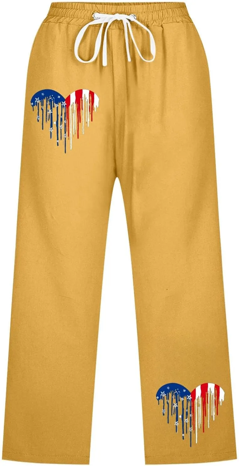Linen Pants for Women 2025 Drawstring Elastic Waist Straight Leg Capris Beach Pants Patriotic Lounge Trousers
