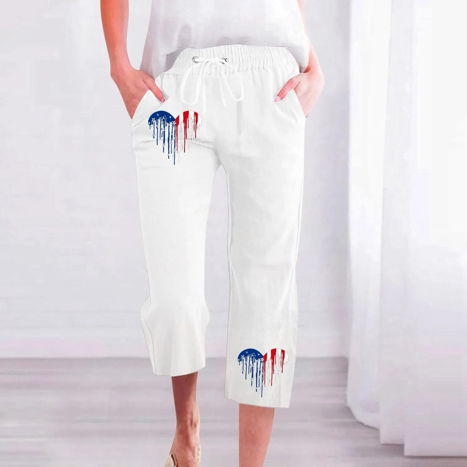 Linen Pants for Women 2025 Drawstring Elastic Waist Straight Leg Capris Beach Pants Patriotic Lounge Trousers
