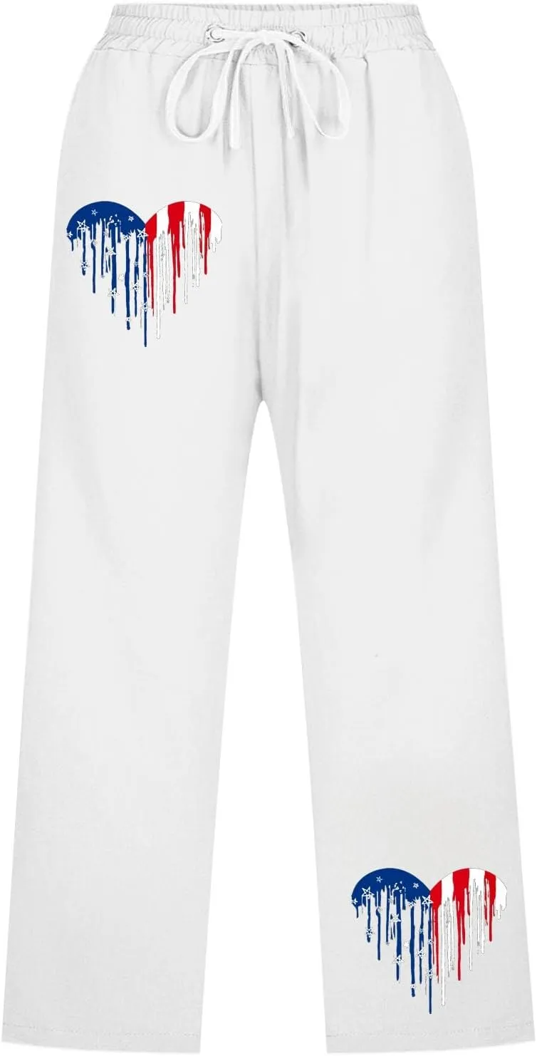 Linen Pants for Women 2025 Drawstring Elastic Waist Straight Leg Capris Beach Pants Patriotic Lounge Trousers