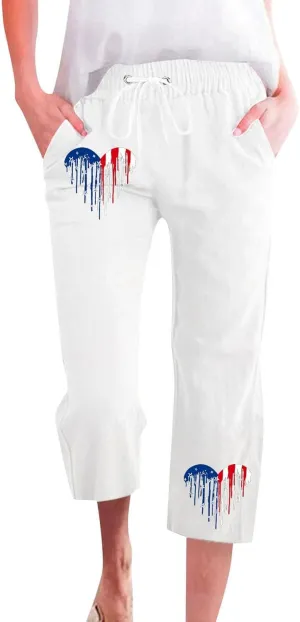 Linen Pants for Women 2025 Drawstring Elastic Waist Straight Leg Capris Beach Pants Patriotic Lounge Trousers