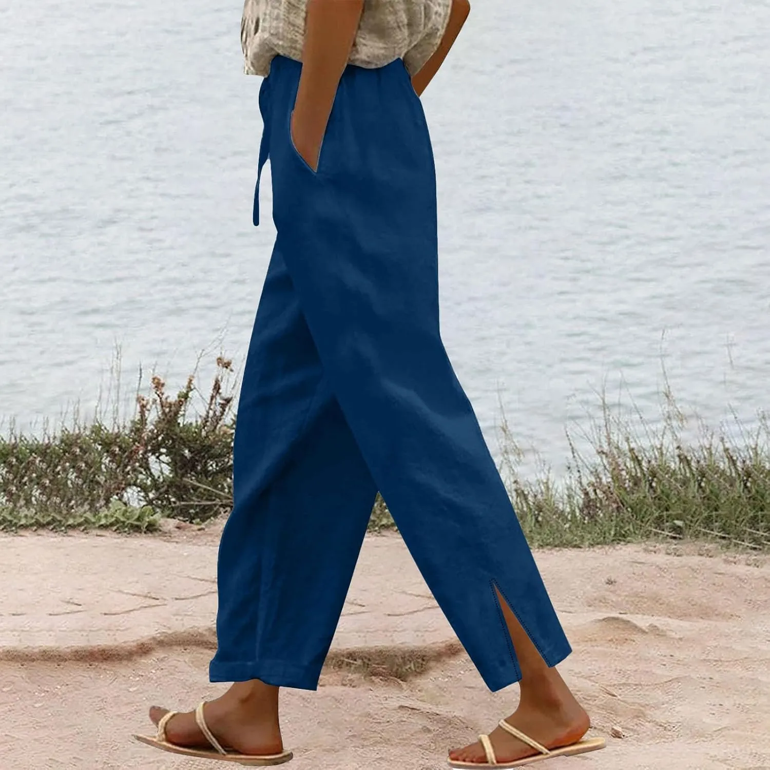 Linen Pants for Women 2025 Summer Elastic Drawstring Waist Straight Wide Leg Slit Trouser Causal Palazzo Fashion Pant