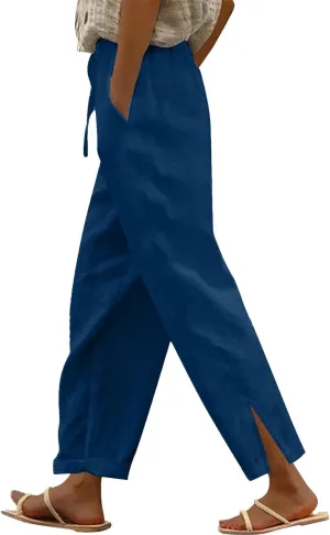 Linen Pants for Women 2025 Summer Elastic Drawstring Waist Straight Wide Leg Slit Trouser Causal Palazzo Fashion Pant