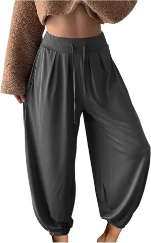 Linen Pants for Women Drawstring Elastic High Waist Lartern Pants Narrow Leg Baggy Breathable Tousers Plus Size