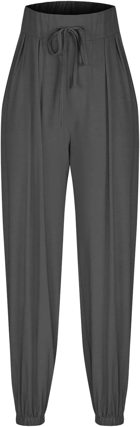 Linen Pants for Women Drawstring Elastic High Waist Lartern Pants Narrow Leg Baggy Breathable Tousers Plus Size