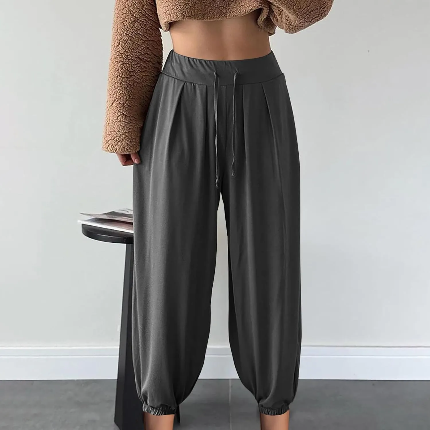 Linen Pants for Women Drawstring Elastic High Waist Lartern Pants Narrow Leg Baggy Breathable Tousers Plus Size