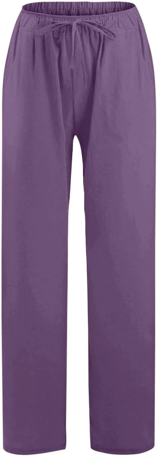 Linen Pants for Women Summer Baggy High Waist Wide Leg Palazzo Pants Loose Comfy Wide Leg Yoga Pants with Pockets