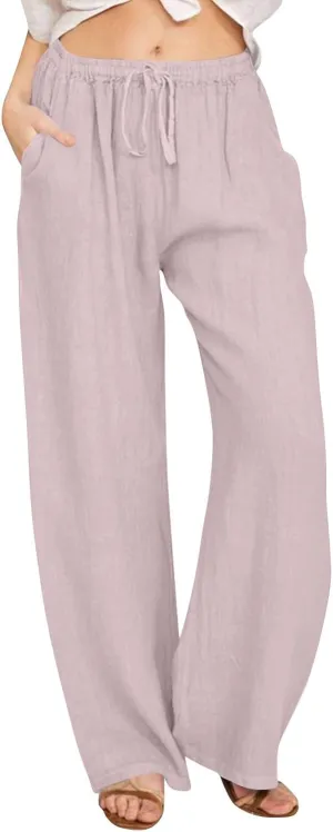 Linen Pants for Women Summer Baggy High Waist Wide Leg Palazzo Pants Loose Comfy Wide Leg Yoga Pants with Pockets