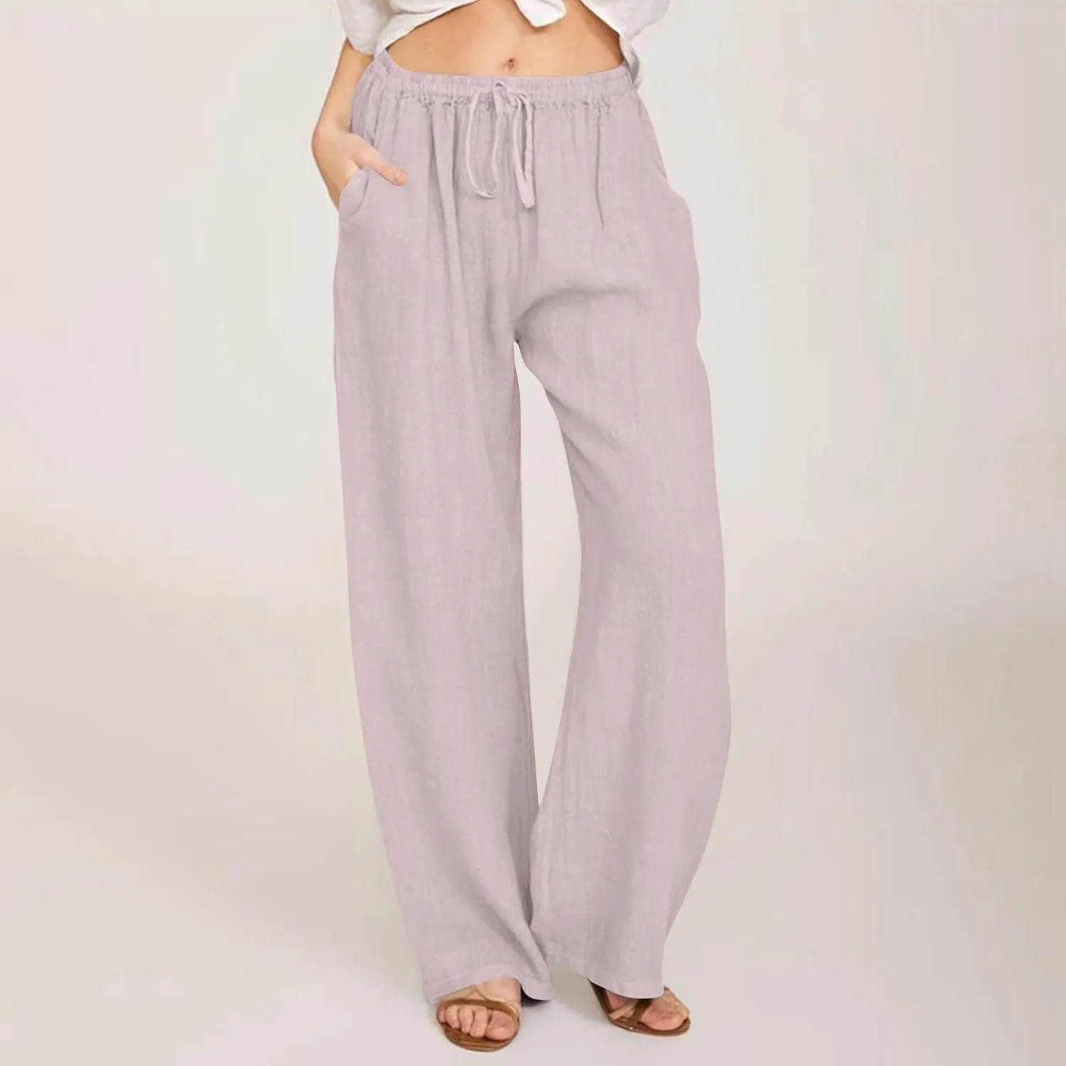 Linen Pants for Women Summer Baggy High Waist Wide Leg Palazzo Pants Loose Comfy Wide Leg Yoga Pants with Pockets