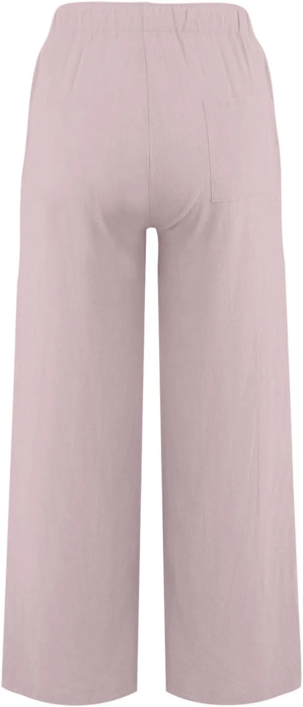 Linen Pants for Women Summer Baggy High Waist Wide Leg Palazzo Pants Loose Comfy Wide Leg Yoga Pants with Pockets