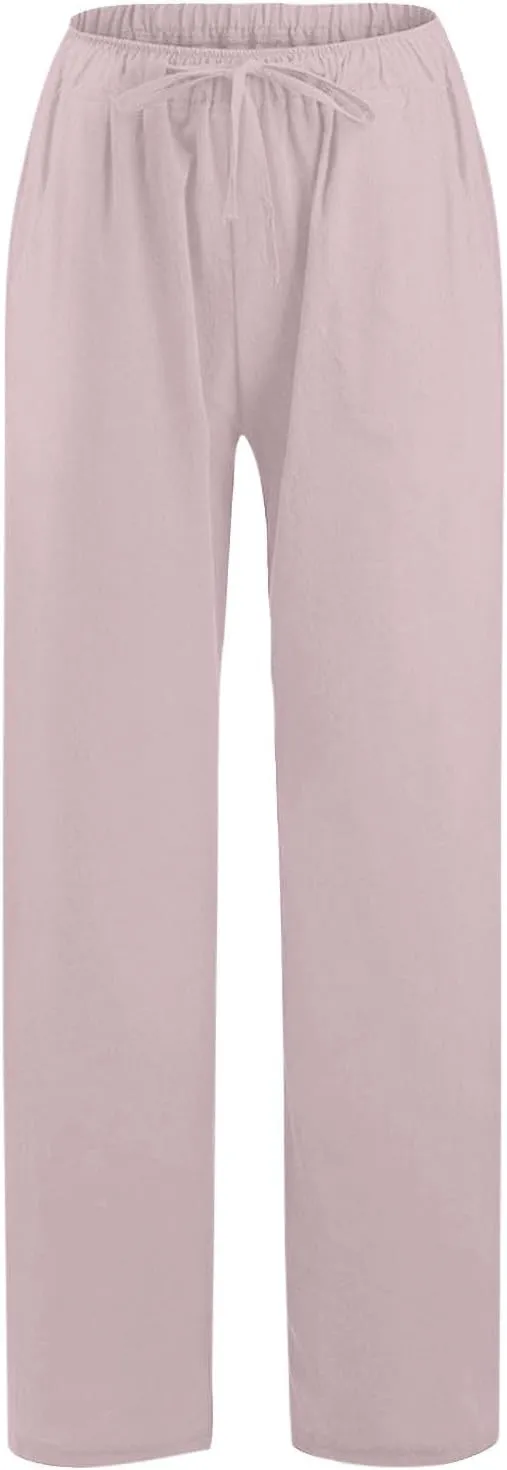Linen Pants for Women Summer Baggy High Waist Wide Leg Palazzo Pants Loose Comfy Wide Leg Yoga Pants with Pockets