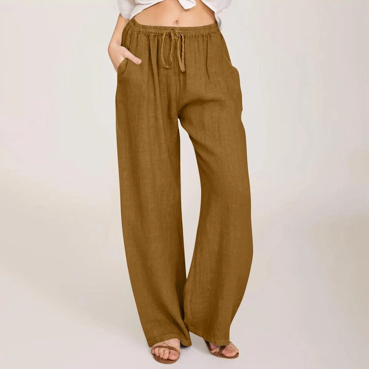 Linen Pants for Women Summer Baggy High Waist Wide Leg Palazzo Pants Loose Comfy Wide Leg Yoga Pants with Pockets