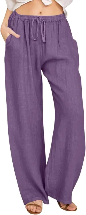 Linen Pants for Women Summer Baggy High Waist Wide Leg Palazzo Pants Loose Comfy Wide Leg Yoga Pants with Pockets