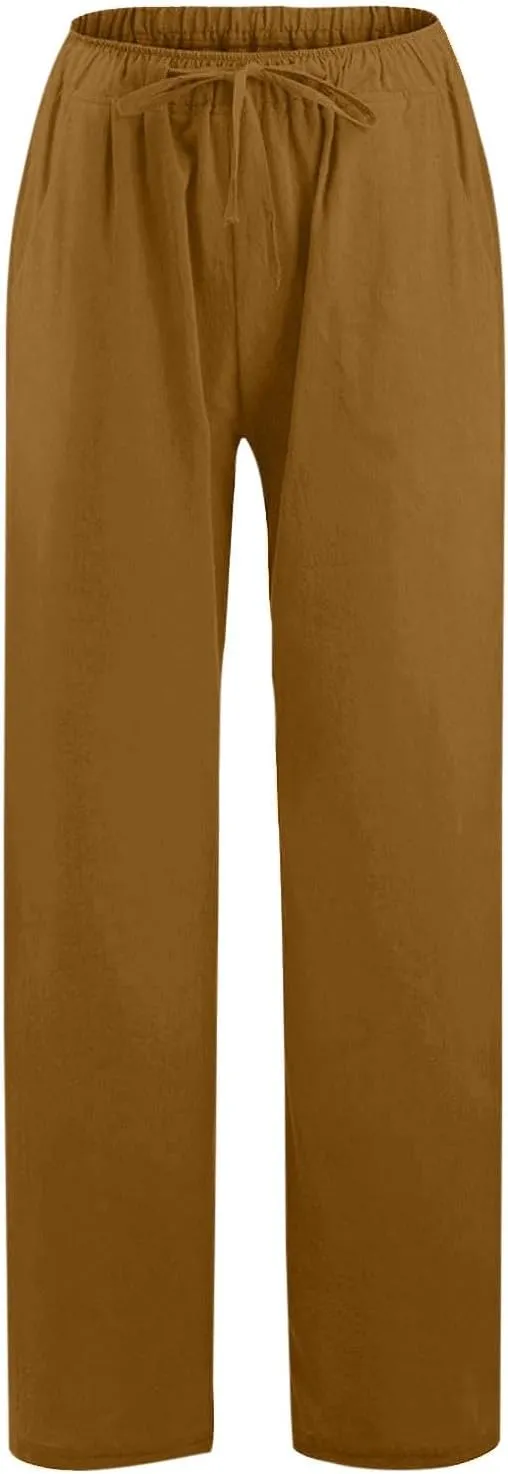 Linen Pants for Women Summer Baggy High Waist Wide Leg Palazzo Pants Loose Comfy Wide Leg Yoga Pants with Pockets