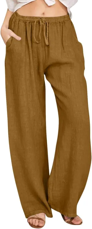 Linen Pants for Women Summer Baggy High Waist Wide Leg Palazzo Pants Loose Comfy Wide Leg Yoga Pants with Pockets