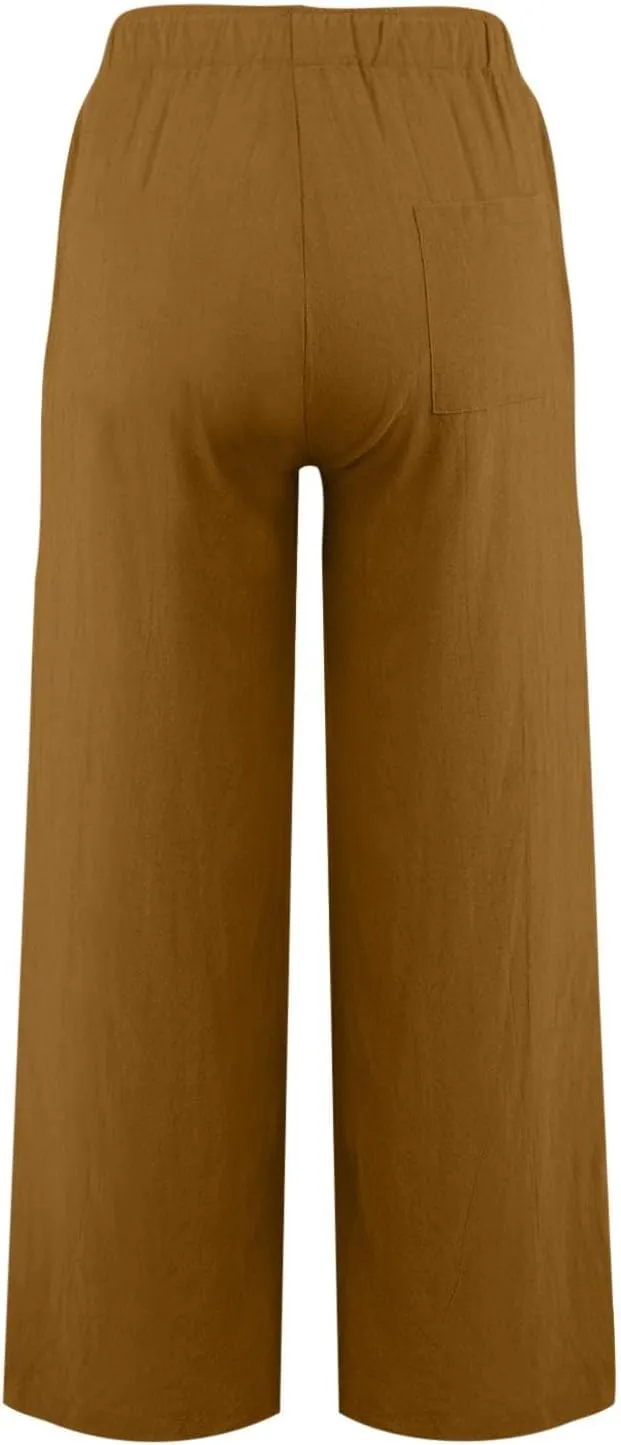 Linen Pants for Women Summer Baggy High Waist Wide Leg Palazzo Pants Loose Comfy Wide Leg Yoga Pants with Pockets