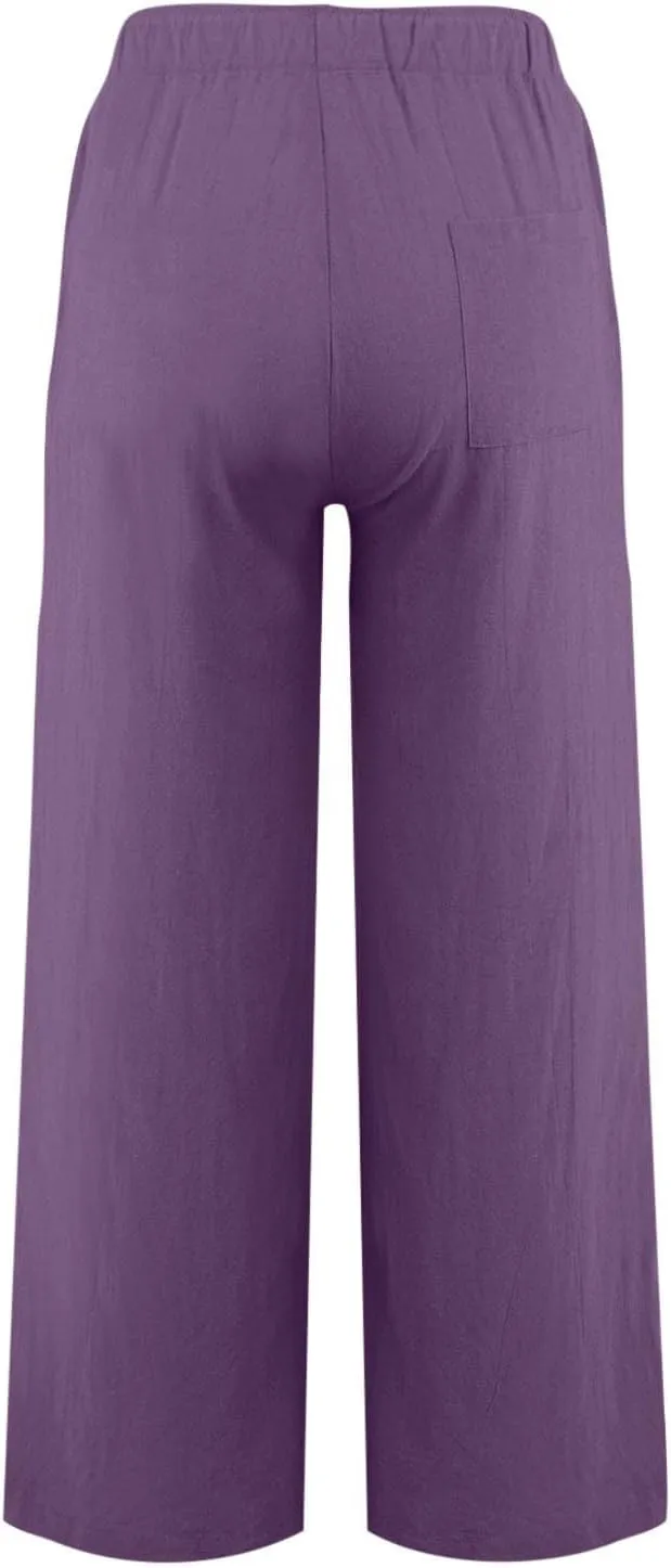Linen Pants for Women Summer Baggy High Waist Wide Leg Palazzo Pants Loose Comfy Wide Leg Yoga Pants with Pockets