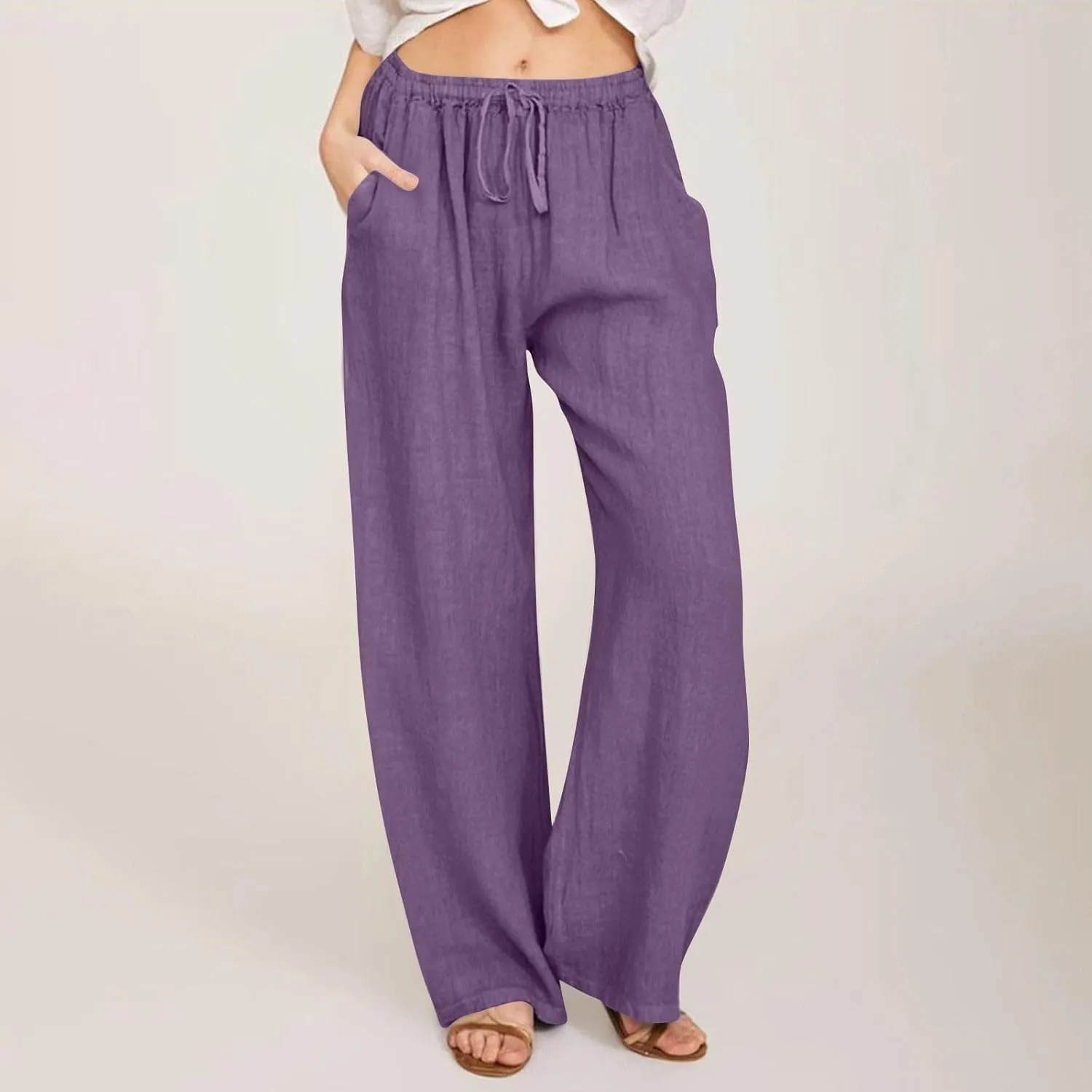 Linen Pants for Women Summer Baggy High Waist Wide Leg Palazzo Pants Loose Comfy Wide Leg Yoga Pants with Pockets