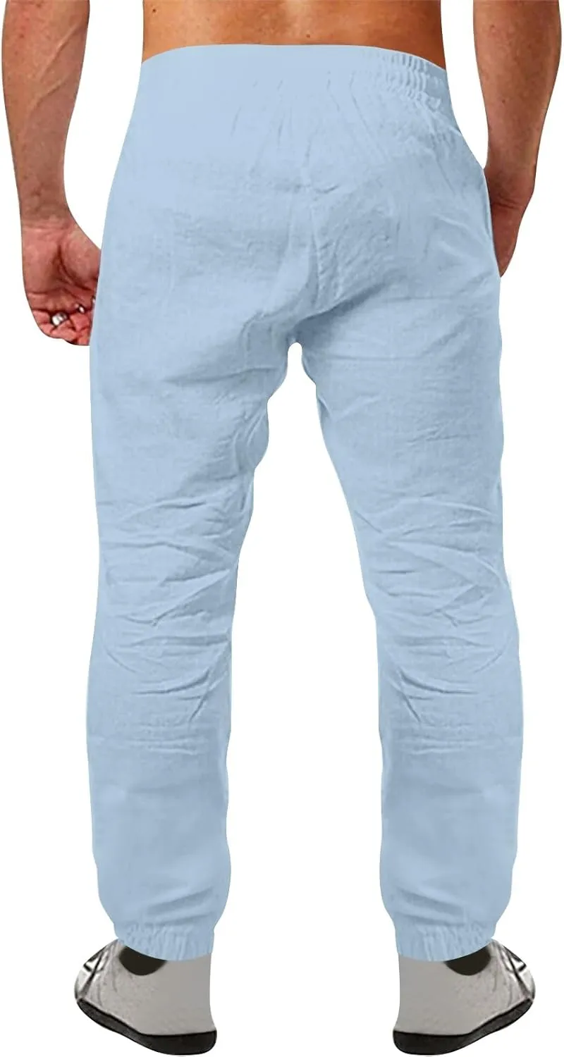 Linen Pants Men Summer Casual Drawstring Low Rise Elastic Waist Pants Lightweight Comfy Loose Yoga Long Beach Trousers