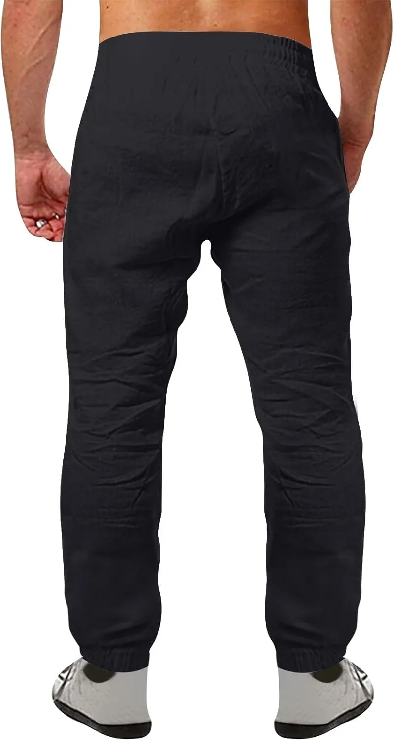 Linen Pants Men Summer Casual Drawstring Low Rise Elastic Waist Pants Lightweight Comfy Loose Yoga Long Beach Trousers