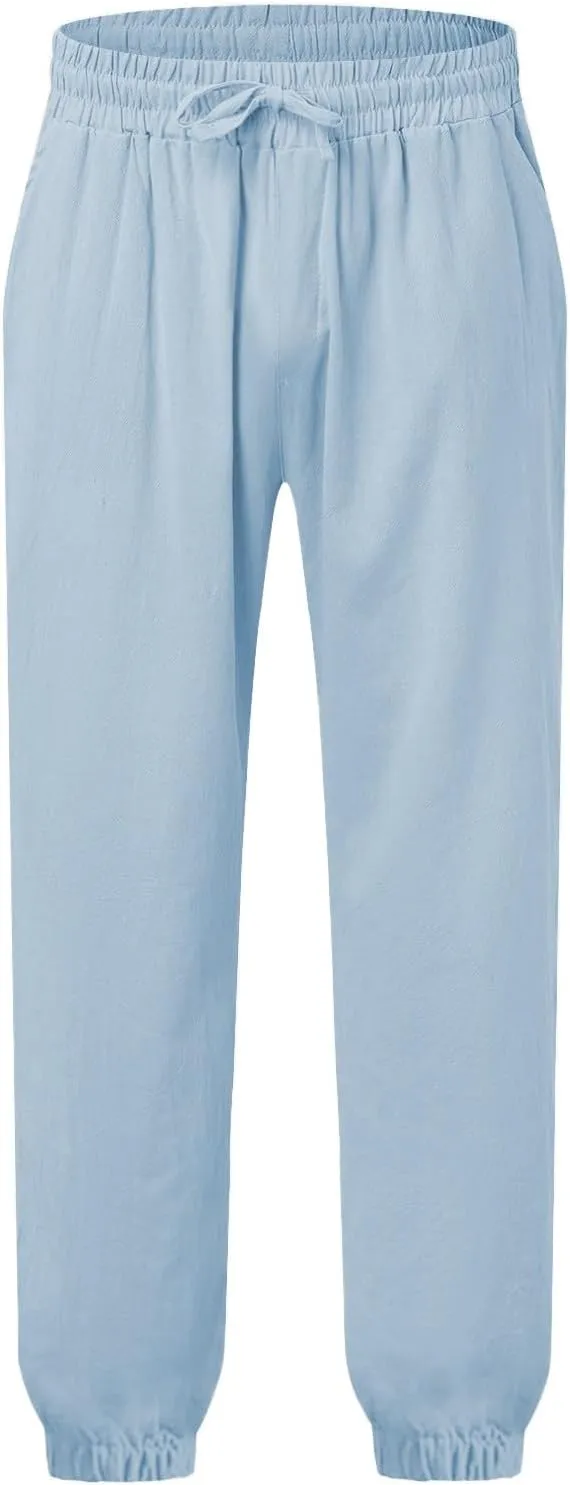Linen Pants Men Summer Casual Drawstring Low Rise Elastic Waist Pants Lightweight Comfy Loose Yoga Long Beach Trousers