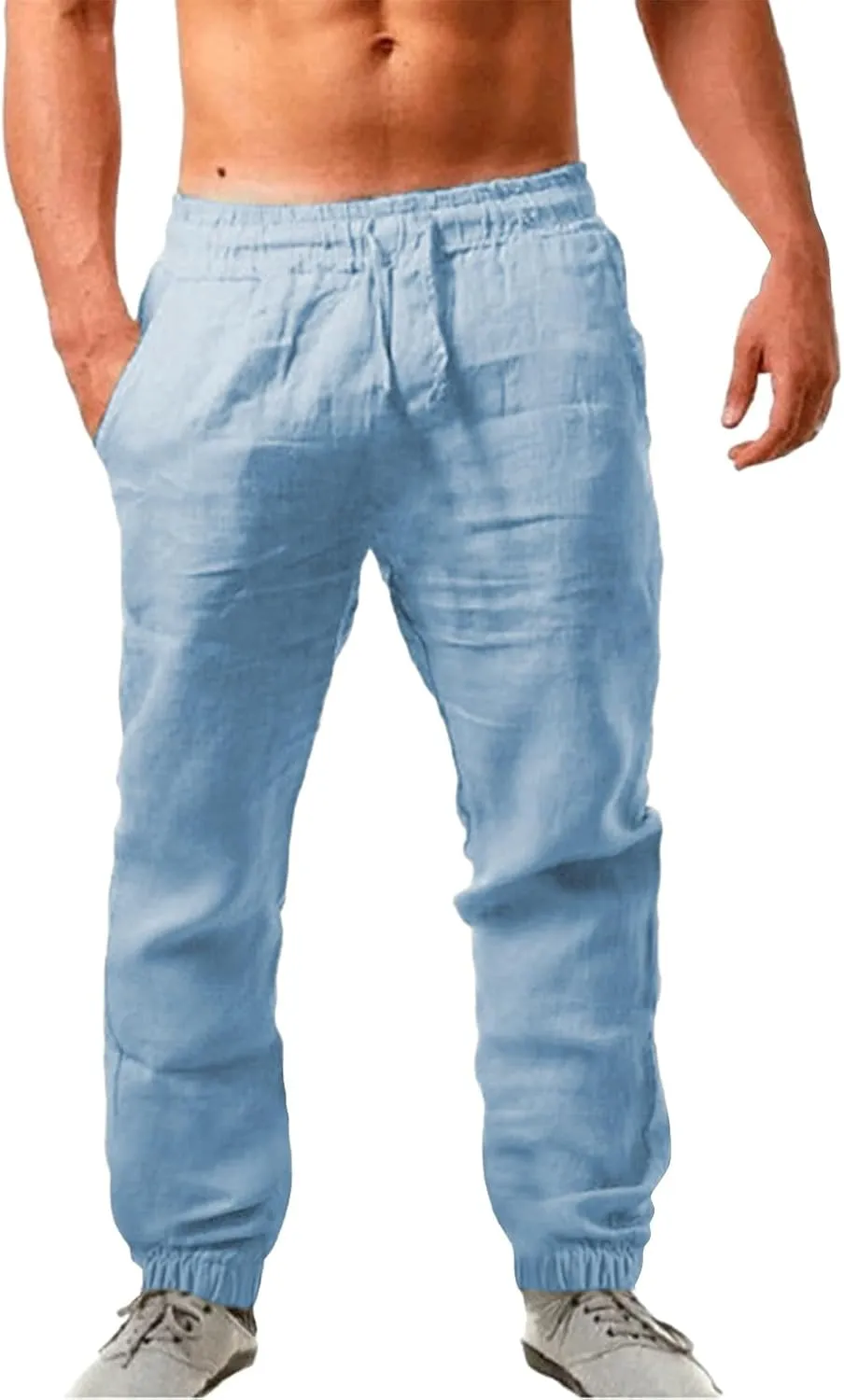 Linen Pants Men Summer Casual Drawstring Low Rise Elastic Waist Pants Lightweight Comfy Loose Yoga Long Beach Trousers