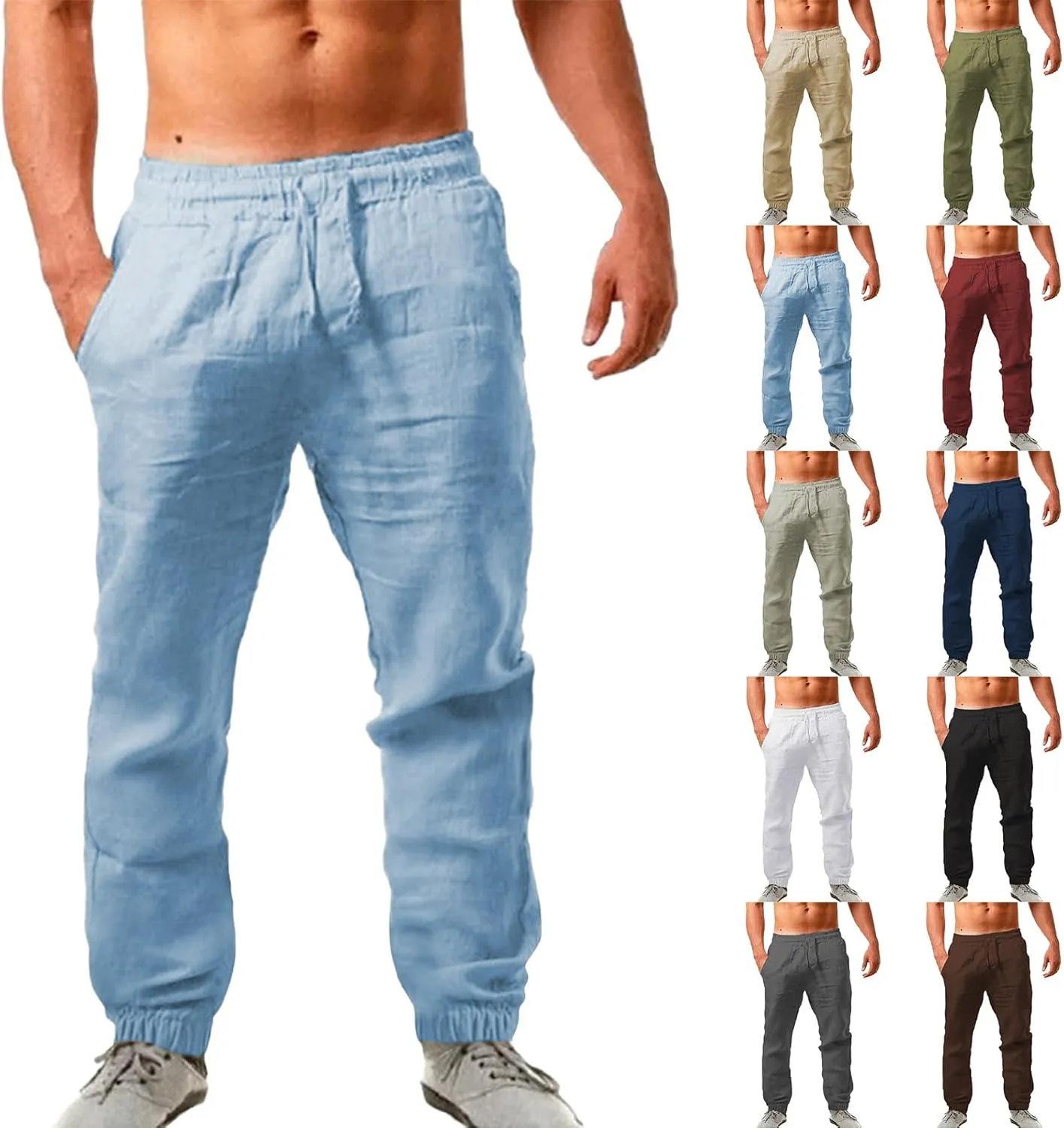 Linen Pants Men Summer Casual Drawstring Low Rise Elastic Waist Pants Lightweight Comfy Loose Yoga Long Beach Trousers