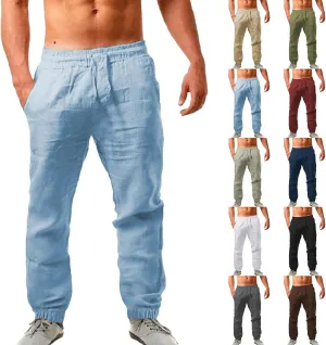 Linen Pants Men Summer Casual Drawstring Low Rise Elastic Waist Pants Lightweight Comfy Loose Yoga Long Beach Trousers