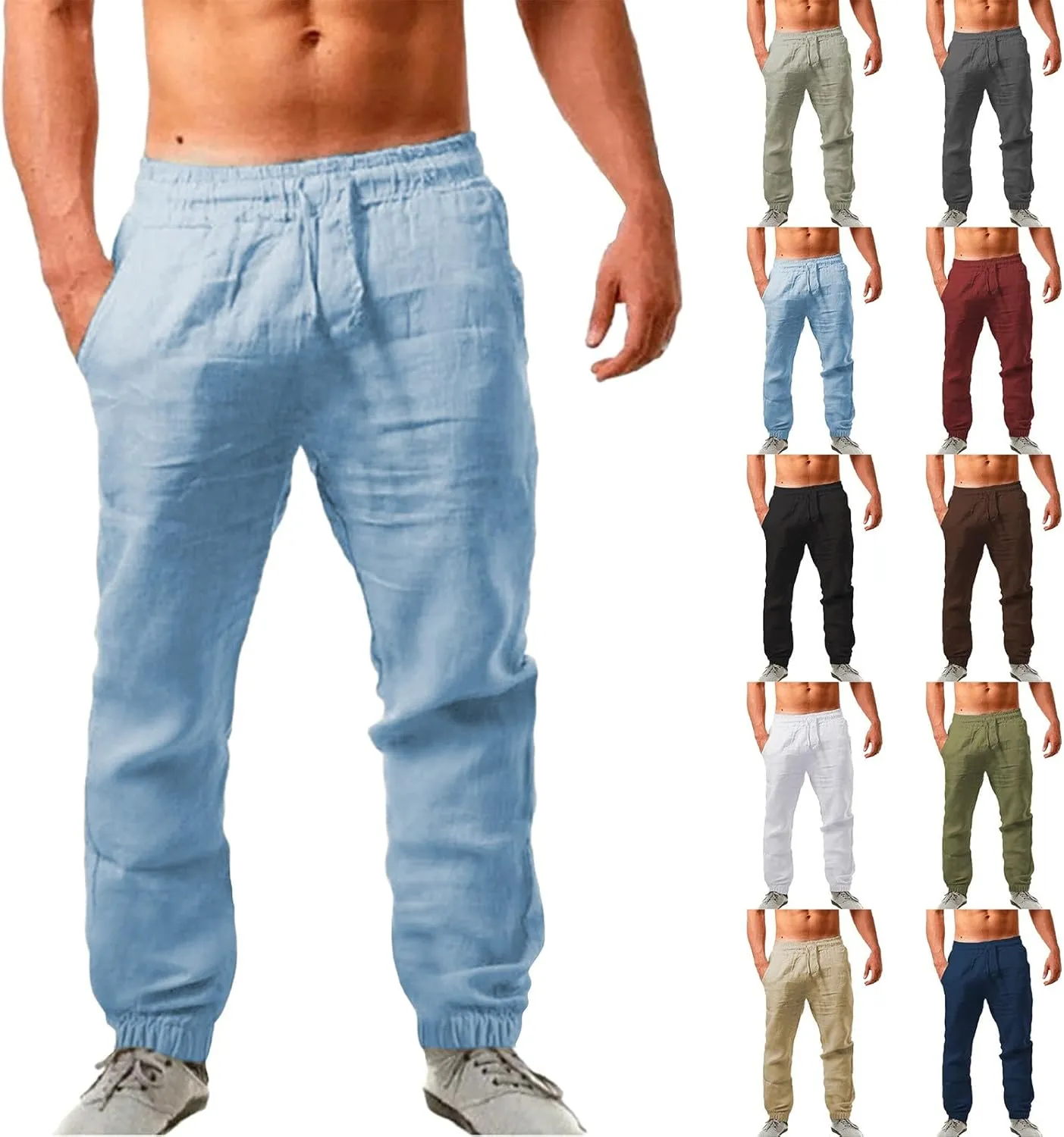 Linen Pants Men Summer Casual Drawstring Low Rise Elastic Waist Pants Lightweight Comfy Loose Yoga Long Beach Trousers