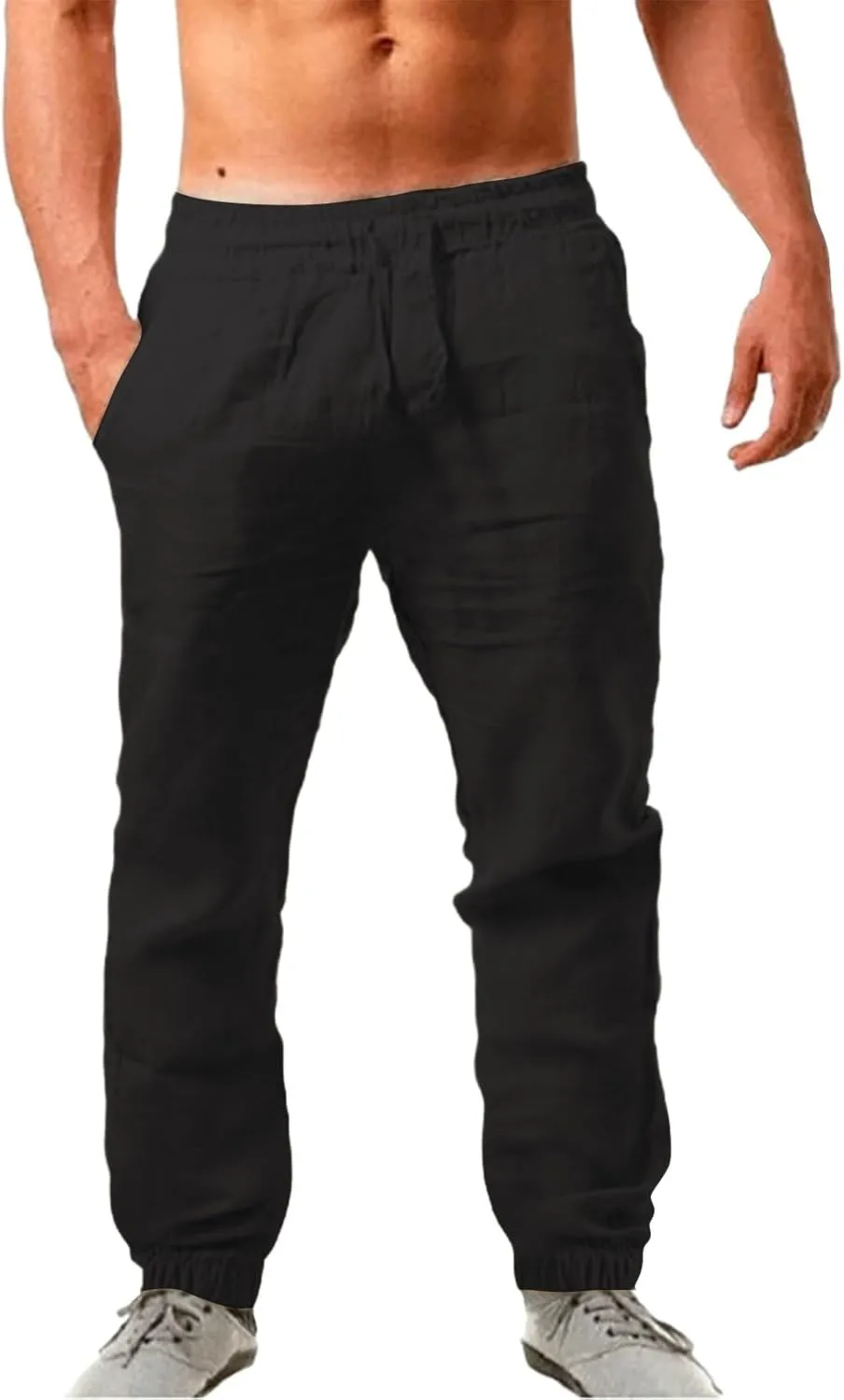 Linen Pants Men Summer Casual Drawstring Low Rise Elastic Waist Pants Lightweight Comfy Loose Yoga Long Beach Trousers