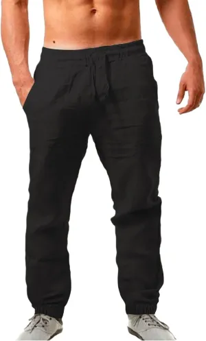 Linen Pants Men Summer Casual Drawstring Low Rise Elastic Waist Pants Lightweight Comfy Loose Yoga Long Beach Trousers