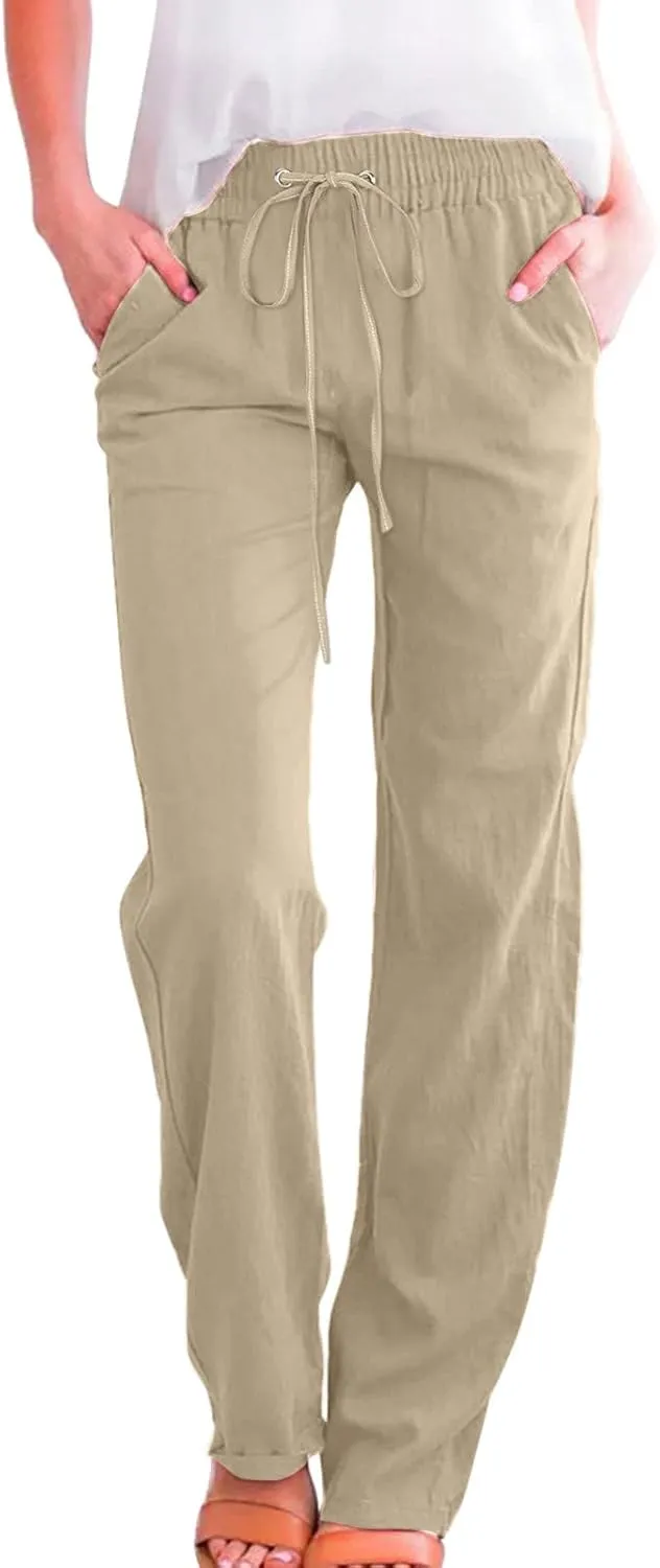Linen Pants Women Plus Size Casual High Waisted Summer Drawstring Pants Loose Fit Straight Leg Lounge Trousers with Pockets