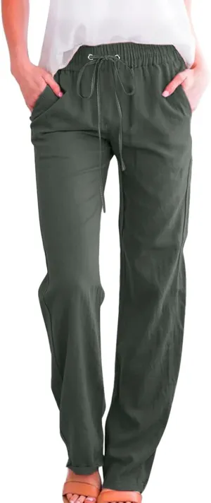 Linen Pants Women Plus Size Casual High Waisted Summer Drawstring Pants Loose Fit Straight Leg Lounge Trousers with Pockets