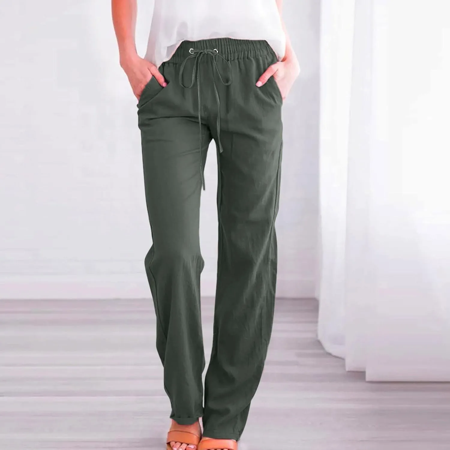 Linen Pants Women Plus Size Casual High Waisted Summer Drawstring Pants Loose Fit Straight Leg Lounge Trousers with Pockets