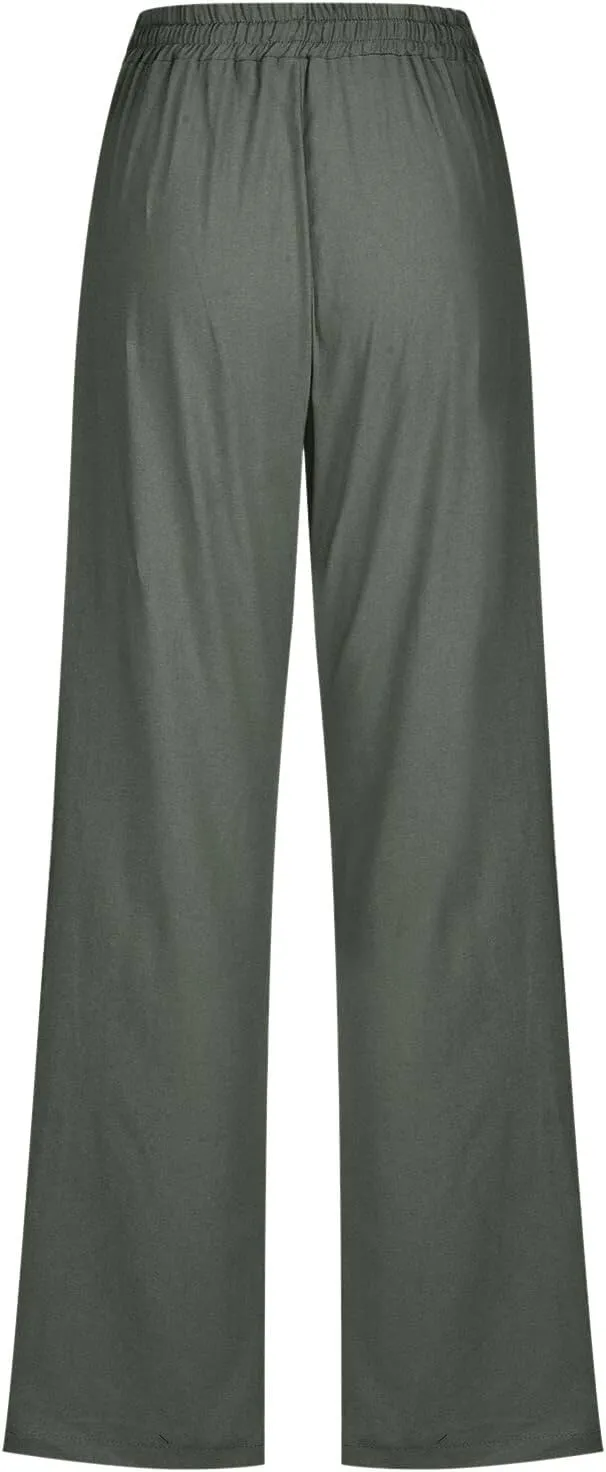 Linen Pants Women Plus Size Casual High Waisted Summer Drawstring Pants Loose Fit Straight Leg Lounge Trousers with Pockets