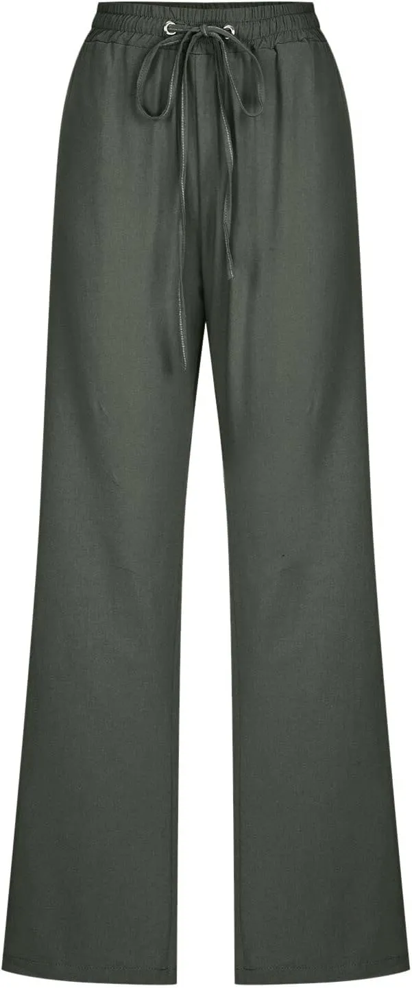 Linen Pants Women Plus Size Casual High Waisted Summer Drawstring Pants Loose Fit Straight Leg Lounge Trousers with Pockets