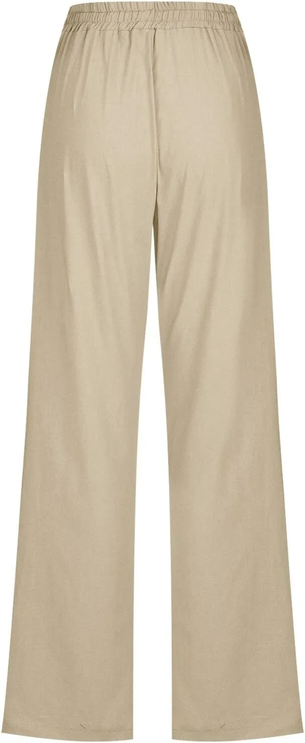 Linen Pants Women Plus Size Casual High Waisted Summer Drawstring Pants Loose Fit Straight Leg Lounge Trousers with Pockets