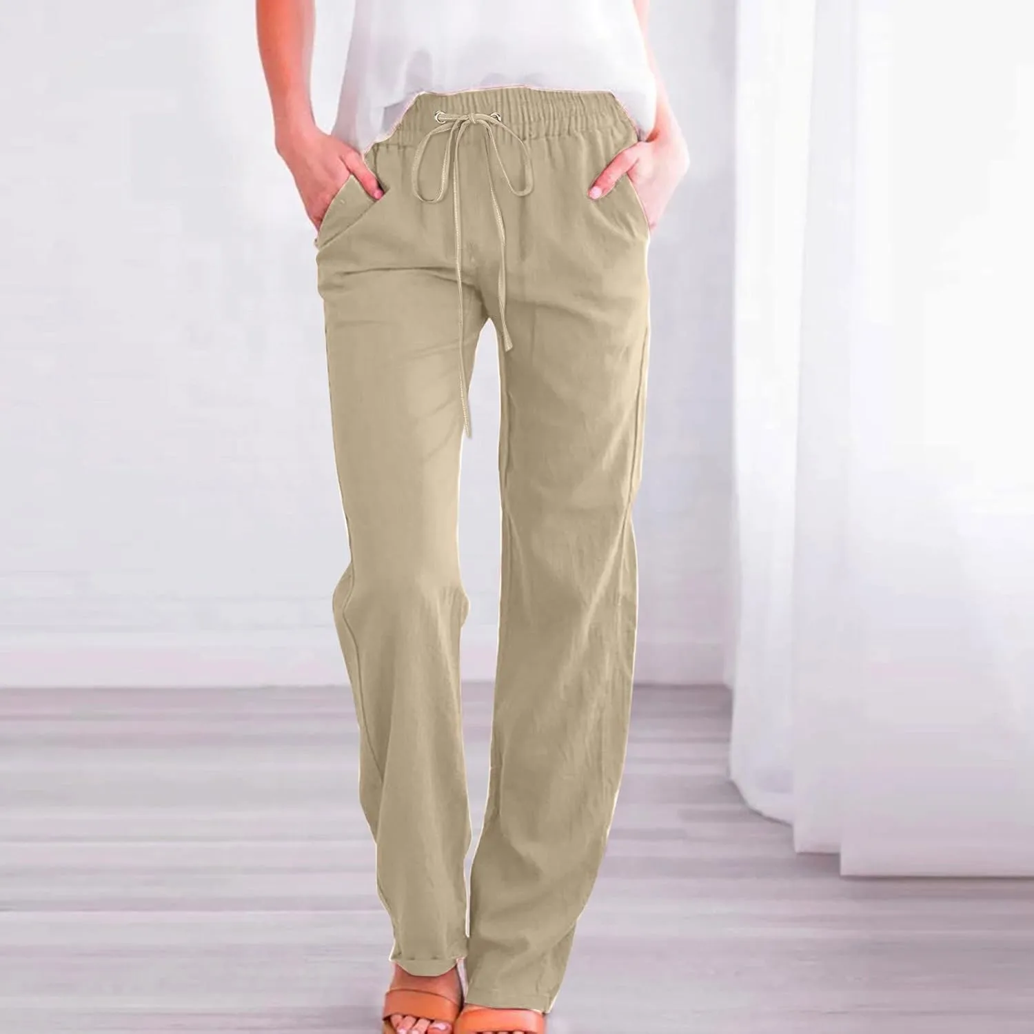 Linen Pants Women Plus Size Casual High Waisted Summer Drawstring Pants Loose Fit Straight Leg Lounge Trousers with Pockets