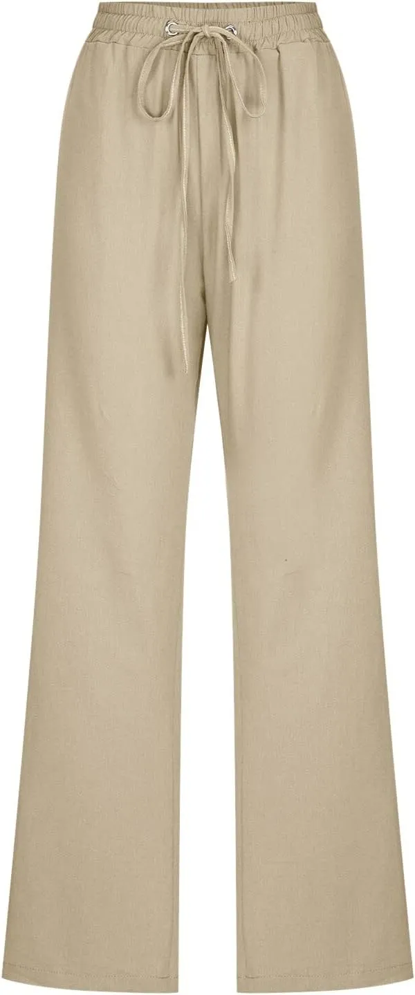 Linen Pants Women Plus Size Casual High Waisted Summer Drawstring Pants Loose Fit Straight Leg Lounge Trousers with Pockets