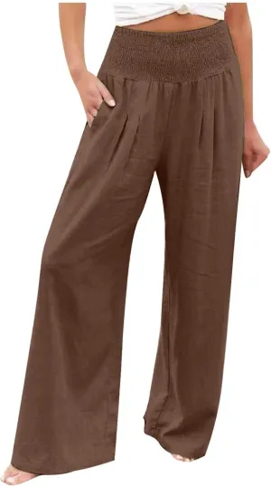 Linen Pants Women Summer Boho Wide Leg High Waist Casual Lounge Pants 2025 Beach Travel Vacation Outfits Linen Pants