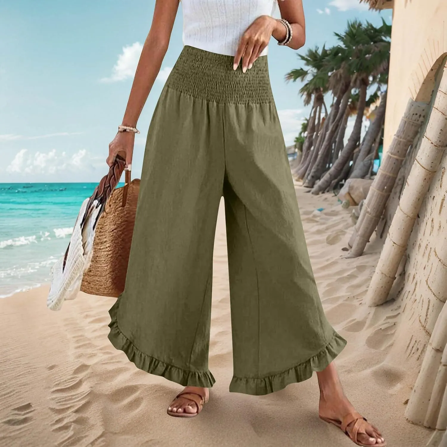 Linen Pants Women Summer Smocked Waist Ruffle Hem Palazzo Pant Wide Leg Boho Flowy Beach Pant with Pockets 2025