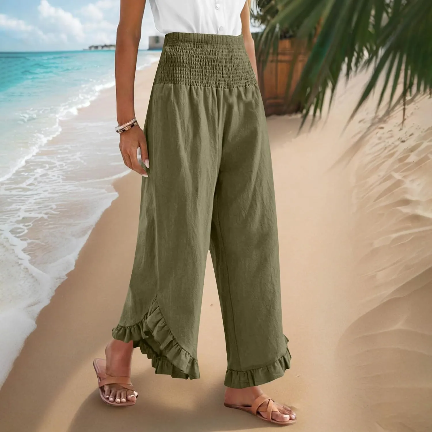 Linen Pants Women Summer Smocked Waist Ruffle Hem Palazzo Pant Wide Leg Boho Flowy Beach Pant with Pockets 2025