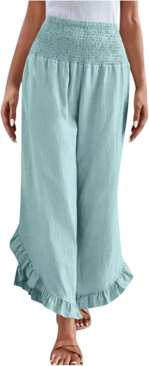 Linen Pants Women Summer Smocked Waist Ruffle Hem Palazzo Pant Wide Leg Boho Flowy Beach Pant with Pockets 2025