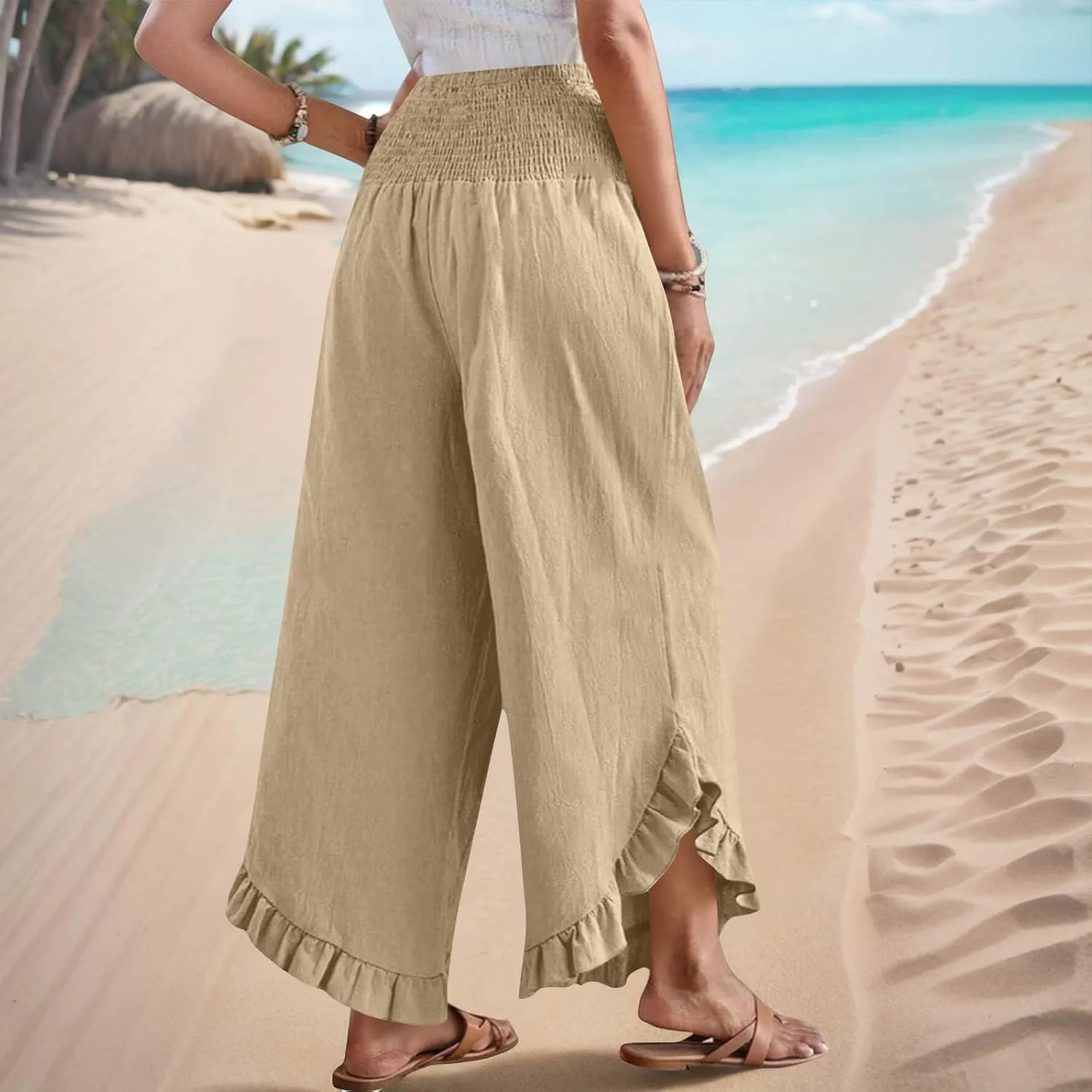Linen Pants Women Summer Smocked Waist Ruffle Hem Palazzo Pant Wide Leg Boho Flowy Beach Pant with Pockets 2025